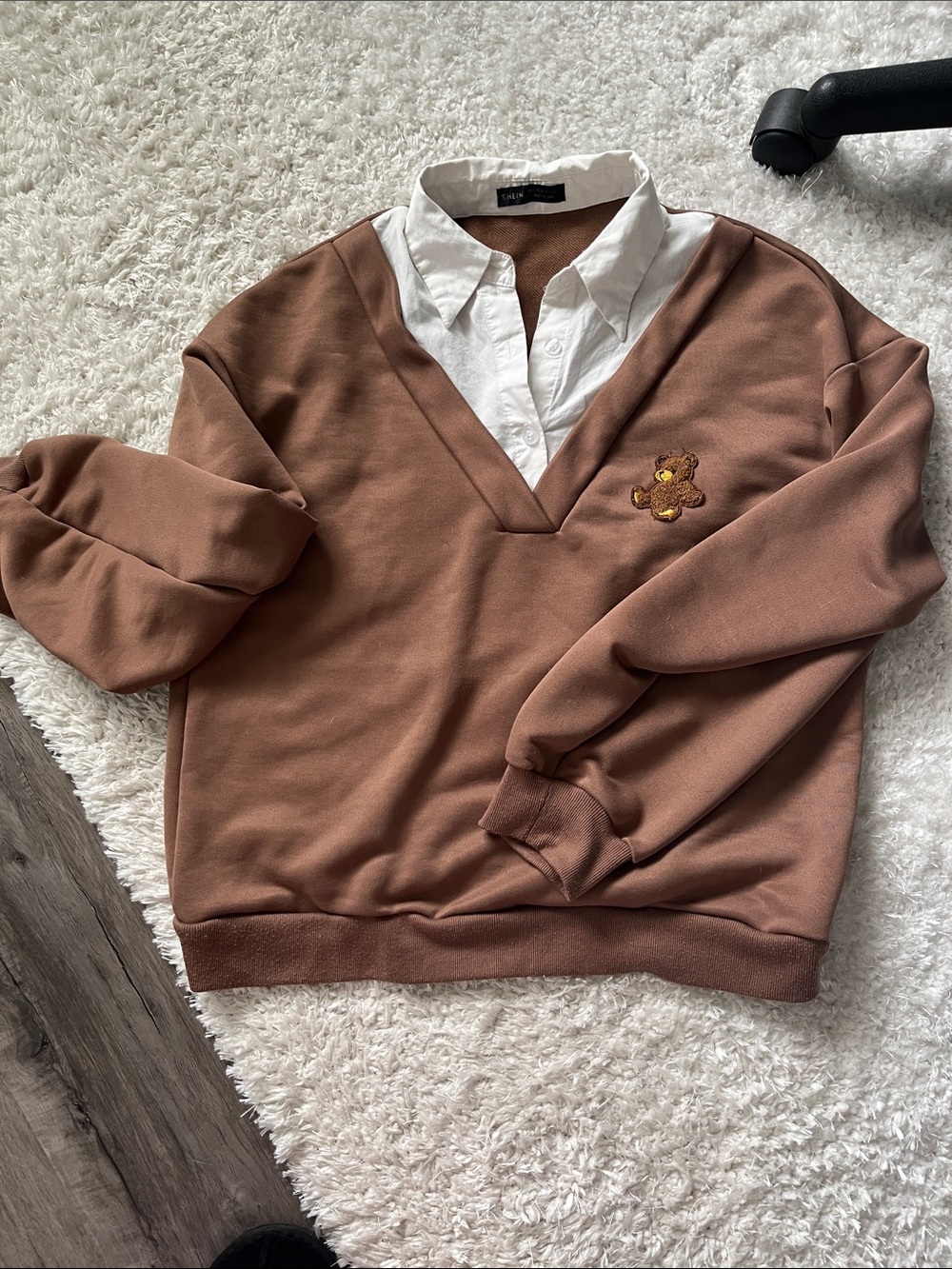 SHEIN Brown Knit Top with White Shirt Collar
